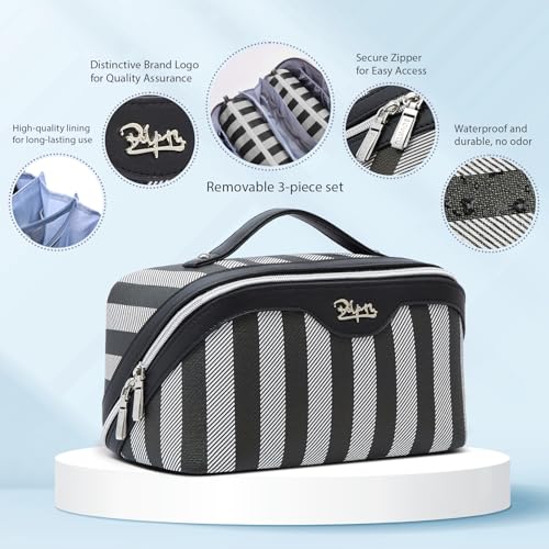BOYATU Travel Makeup Bag Cosmetic Bag for Women: 3 Pcs Set Striped Make up Bag with Compartments - Waterproof Vegan Leather Toiletry Bag with Handle - Makeup Organizer for Travel Essentials(A-4-Black) - color: A-4-Black