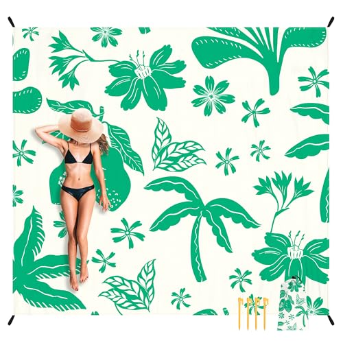 Beach Blanket Waterproof Sandproof, 9 Ft X 10 Ft Extra Large Sand Free Beach Mat, Big Compact Lightweight Quick Drying Picnic Blanket with 4 Stakes & Pockets for Camping, Travel, Hiking - color: Summer Field, size: 9x10 FT (1～8 Person)