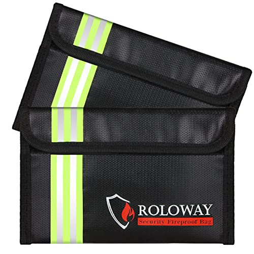 ROLOWAY Small Fireproof Bag (5 x 8 inches) with Reflective Strip, Fireproof Money Bag for Cash, Valuables, Passport, Currency & Keys (2-Pack Black) - size: 8 x 5 inch, style: Black With Reflective Strip
