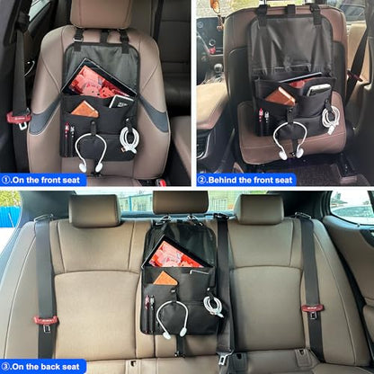 Black Car Seat Organizer, Multi-Pocket Storage, Headrest Hooks Mount, Vehicle Backseat Organizer,with a detachable small storage bag.