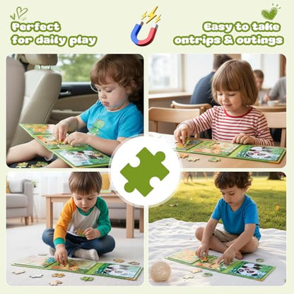 Magnetic Puzzles for Kids 3-5 Years, 3 in 1 Montessori Learning Toys with 9/16/25 PCS, Travel Activity for Toddlers Age 3-5, Preschool Puzzle Game with Animal Designs (Panda, Giraffe, Dinosaur) - color: Green