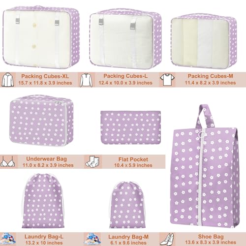 Packing Cubes for Travel - 8 Set Luggage Organizer Bags for Family, Mesh Breathable Packing Cubes for Suitcases Durable Travel Essentials Bags Set - color: Purple small white flowers