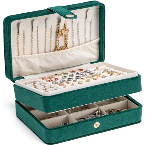 MODENGKONGJIAN Jewelry Organizer Box, 2-Layer Large Jewelry Storage Case, Portable Travel Jewelrys Display Holder for Earrings, Necklaces, Bracelets (Green,Velvet) - color: 2 Layer-Green-Velvet