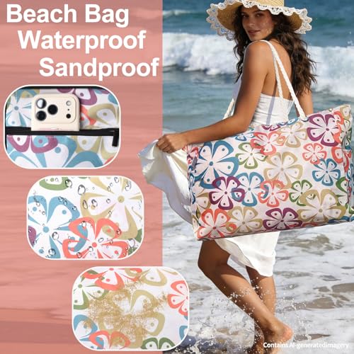 CaCTOUR Large Beach Bag Women,Beach Bags Waterproof Sandproof with Zipper Wet Pocket,Beach Tote Pool Bag for Swim Gym Travel - color: Flower