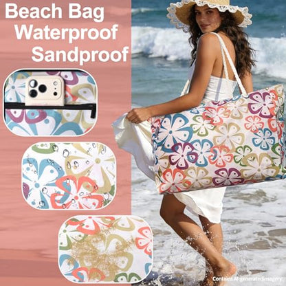CaCTOUR Large Beach Bag Women,Beach Bags Waterproof Sandproof with Zipper Wet Pocket,Beach Tote Pool Bag for Swim Gym Travel - color: Flower