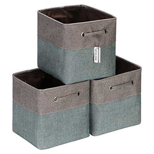 Sea Team 3-Pack Cubic Storage Basket Set, Storage Cube Organizer, Clothes Toys Bin, 11 x 11 x 11 Inches, Big Square Canvas Fabric Collapsible Shelf Box with Handles for Kids Room (Grey/Stone Blue) - color: Stone Blue/Grey, size: Small/11 x 11 x 11"
