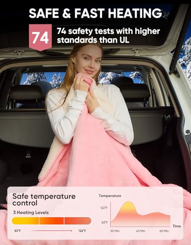 12V/24V Heated Car Blanket, Electric Blanket Flannel Heating Throw for Car, SUV, RV, or Camping, 60" x 44", Hi/M/Lo Heating Settings, Auto-Off Timer,Pink - color: Pink