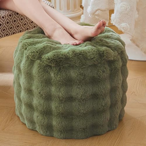LIFEREVO Faux Rabbit Fur Round Inflatable Pouf Ottoman, 20" X 16" Plush Fuzzy Waffle Bubble Floor Poufs Foot Rest for Living Room Bedroom, Furry Pouf Foot Stool Home Decor, Anti-Slip, Sage Green - color: Sage Green