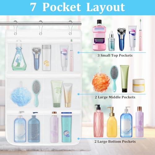 2 Pack Mesh Shower Caddy Hanging Organizer with 7 Pockets, Quick Dry Bathroom Storage Bag, Cruise Cabin and Dorm Essentials for Travel, Toiletry Organizer for Shampoo Soap