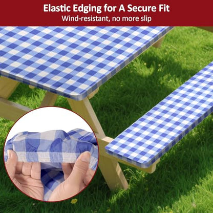 8ft Picnic Table and Bench Cover, Camping Essentials RV Gear, 96 in Waterproof Windproof Outdoor Elastic All Around Tablecloth, Fitted Rectangle Tables and Seats, Blue-White Checkered - color: Blue-white Checkered, size: 96"