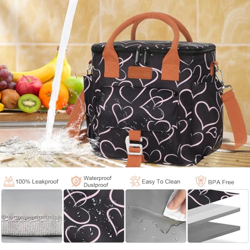 Joymee Large Insulated Lunch Bag Women Reusable Waterproof - Love Heart | Large Spacious, Cooler Lunch Bag, Adjustable Shoulder Strap, With Side Pocket, Bottle Holder, for Office Work Picnic Travel - color: Love Heart