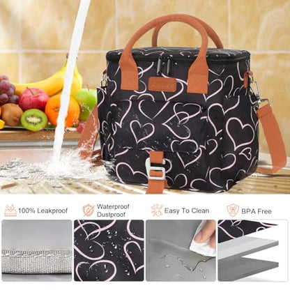 Joymee Large Insulated Lunch Bag Women Reusable Waterproof - Love Heart | Large Spacious, Cooler Lunch Bag, Adjustable Shoulder Strap, With Side Pocket, Bottle Holder, for Office Work Picnic Travel - color: Love Heart