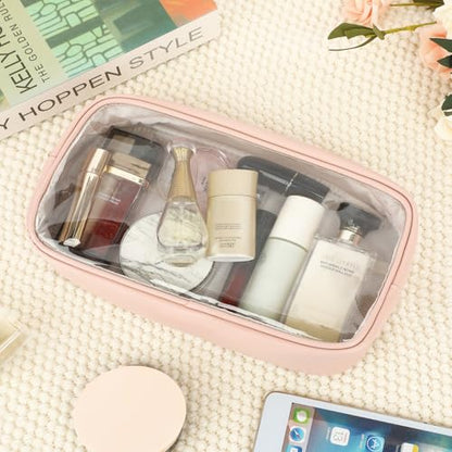 Fammart Clear Makeup Bag with 2 Customizable Chenille Letters - Waterproof PU Leather Cosmetic Case, Large Personalized Toiletry Pouch for Women & Teens, Ideal for Travel & Gift - color: Clear, Large - Pink