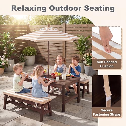 HONEY JOY Kids Picnic Table, Large 42“x 23” Tabletop, Fir Wood Toddler Outdoor Table & Bench Set w/Removable Cushions & Umbrella, Children Backyard Furniture for Patio Garden, Seats for 4 (Walnut) - color: Walnut
