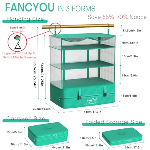 Compressible Packing Cubes Portable Hanging Closet Shelves 17"x12"x24" Extendable Travel Organizer Nylon Packing Bags for Suitcase - color: Green