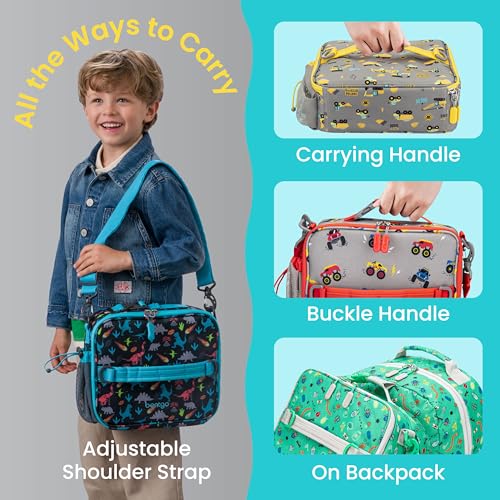 Bentgo Kids Lunch Bag - Durable, Double-Insulated Lunch Bag for Kids 3+; Holds Lunch Box, Water Bottle, & Snacks; Easy-Clean Water-Resistant Fabric & Multiple Zippered Pockets (Construction Trucks) - color: Construction Trucks