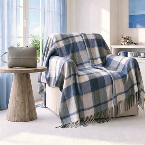 Soft Pure Wool Throw Blanket, Lightweight Warmth, 55"x83", Plaid, Fringe, Compact with Bag, Useful Gift for Women Men, All Season Decorative Cozy Travel Blanket for Couch Bed, Outdoors - color: Ocean Cloud, size: Standard (1.5 lbs)