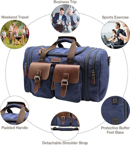 Wildroad 60L Travel Duffel Bag, Expandable Canvas Genuine Leather Duffle Bag Upgraded Overnight Weekender Bag Carry on Bag - color: Blue, size: X Large-60L Duffle Bag