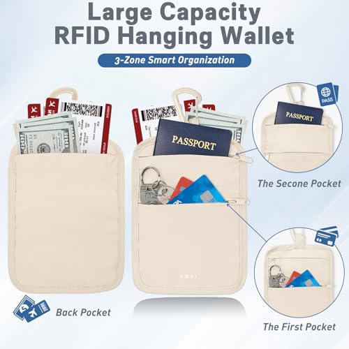 Hidden Travel Wallet Belt Wallet – Large Capacity Passport Holder & Hidden Money Pouch, 3-Zone Organizer Anti-Theft Waist Wallet with Dual Clip Belt & Carabiner - color: Apricot