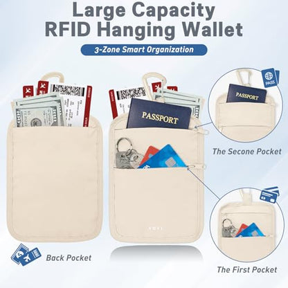 Hidden Travel Wallet Belt Wallet – Large Capacity Passport Holder & Hidden Money Pouch, 3-Zone Organizer Anti-Theft Waist Wallet with Dual Clip Belt & Carabiner - color: Apricot