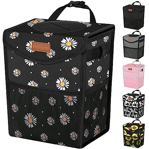 Pritent Car Trash Can with Lid, Cute Leakproof Car Trash Garbage Bag Hanging Vehicle Trash Bin Small Portable Automotive Garbage Cans Organizer for Back/Front Seat/Console(Trapezoid,Black Flower) - color: Black Flower, size: 2 Gallons
