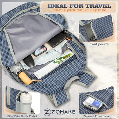 ZOMAKE Lightweight Packable Backpack 30L, Foldable Hiking Backpacks Water Resistant Compact Folding Daypack for Travel(Plaid Royal Blue) - color: Plaid Royal Blue