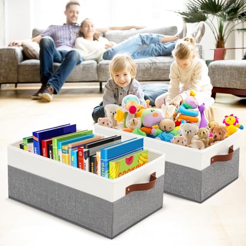 6 Pack Closet Storage Bins, Storage Baskets for Shelves, Linen Closet Organizers and Storage with Leather Handles for Clothes,Towels, Sheets, Jeans, Toys, Books (Grey and White) - style: 6 Pack Grey & White