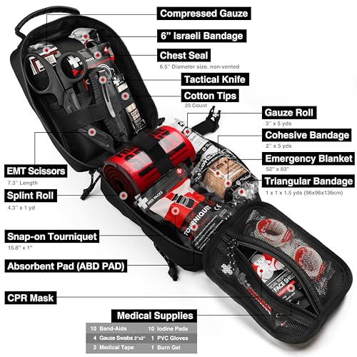 Survival First Aid Kit with Israeli Bandage, Chest Seal, Tourniquet, Splint, Tactical Military Combat Molle IFAK for Wound Care, Bleeding Control, Trauma Hemorrhage and More (Black) - color: Black