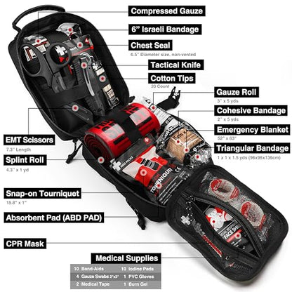Survival First Aid Kit with Israeli Bandage, Chest Seal, Tourniquet, Splint, Tactical Military Combat Molle IFAK for Wound Care, Bleeding Control, Trauma Hemorrhage and More (Black) - color: Black