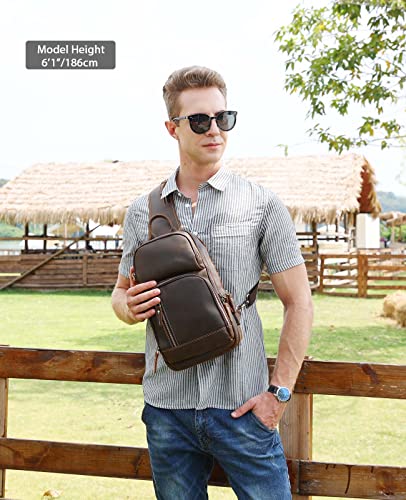 LANNSYNE Full Grain Leather Sling Bag For Men Crossbody Chest Daypack fits 10.5" iPad - color: Brown for 10.5" Ipad