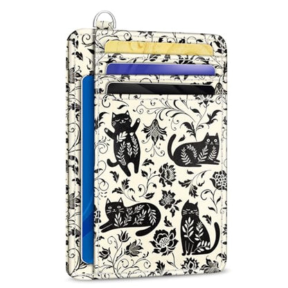 Yonlevres Card Holder Small Wallet Women, Black Cat Flowers RFID Blocking Slim Cute Credit Card Wallet, Front Pocket Travel Thin ID Window PU Leather Mini Organizer Case Purse Gifts Woman Girls Ladies - color: Cat Floral