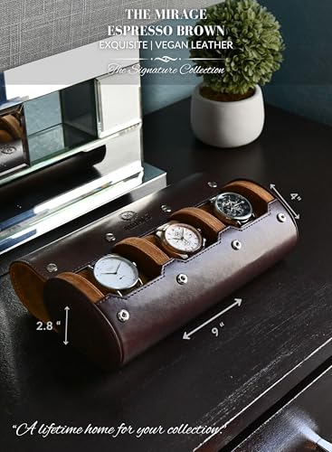 Watch Travel Case for Men Watch Roll for Travel Organizer and Display Watch Case - Swiss Espresso Vegan Leather Watch Case - color: Espresso Finish 3-watch case