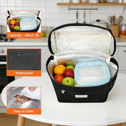 Voova Lunch Bag for Men and Women, Insulated Lunch Box with Shoulder Strap, Adult Reusable Lightweight Nylon Waterproof Lunchbox Lunch bags for Work, Black - color: Black