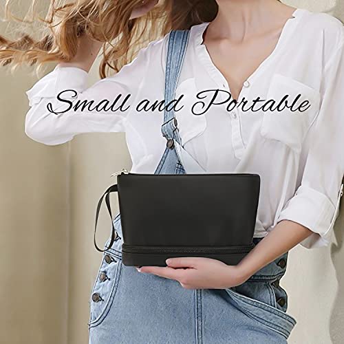Ethereal Small Makeup Bag, 2 Layers Travel Makeup Bag with Makeup Brush Holder, Cosmetic Bag Black Make up Pouch for Women/Girls - color: 02-nylon black