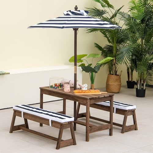 2-in-1 Kids Picnic Table, Wooden Kids Outdoor Tables with Removable Umbrella & Cushions, Fits 4 Children, Indoor Outdoor Toddler Picnic Table for Backyard Lawn & Patio (Blue) - color: Blue