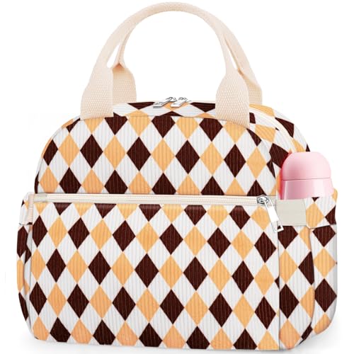KUBYA Lunch Box for Women, Cute Corduroy Grid Insulated Lunch Bag Women Reusable Work Leakproof Simple Adults Large Lunch Boxes Tote Bag Men Cooler Bag - color: B-B-Corduroy Brown Argyle, size: Medium - 10L