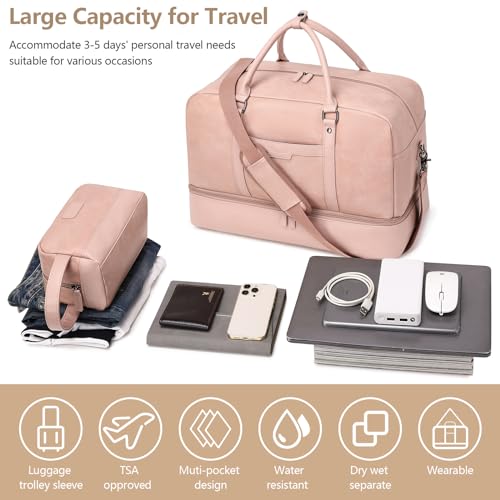 Wogarl Weekender Bag for Women Men Large Overnight Bag Travel Duffel Bag with Shoe Compartment Toiletry Satchel Bag Carry On Bag Fit 21" Laptop - color: Pink