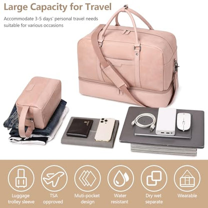 Wogarl Weekender Bag for Women Men Large Overnight Bag Travel Duffel Bag with Shoe Compartment Toiletry Satchel Bag Carry On Bag Fit 21" Laptop - color: Pink