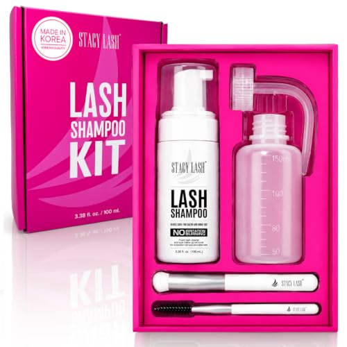 STACY LASH Lash Shampoo 100ml Kit Korean Makeup Remover/Foaming Cleanser with Eye Lash Spoolies & Rinse Bottle & Cleansing Pad & Brush for Eyelash Extensions & Clusters & Natural Eyelashes - color: Shampoo Kit