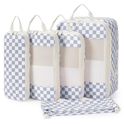 Narwey 6 Set Compression Packing Cubes for Travel Women Men, Travel Cubes for Carry On Suitcase, Durable Compression Luggage Organizer Bags - color: ZZ-Grayish Blue Checkerboard