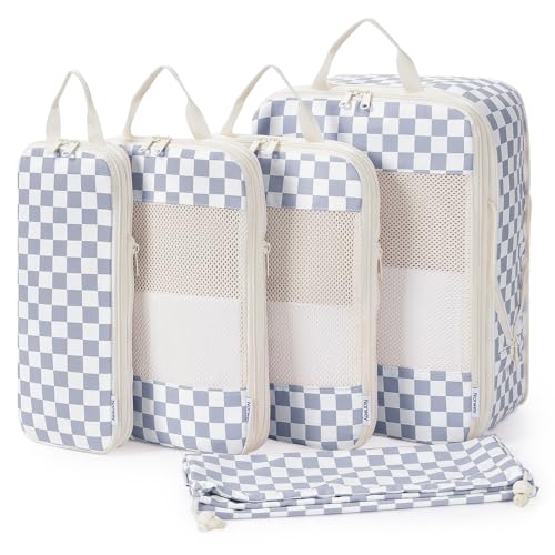 Narwey 6 Set Compression Packing Cubes for Travel Women Men, Travel Cubes for Carry On Suitcase, Durable Compression Luggage Organizer Bags - color: ZZ-Grayish Blue Checkerboard