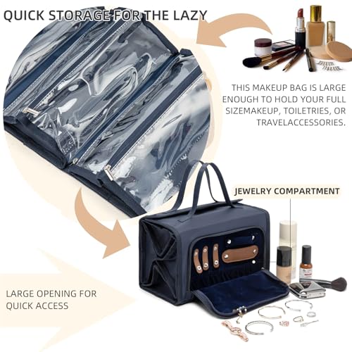 ROYALFAIR Roll Up Makeup Bag, Travel Toiletry Bag for Women with 4 Clear TSA Approved Pouches, Hanging Travel Organizer, Folding Cosmetic Bag for Men and Women (navy blue) - color: navy blue