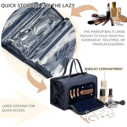 ROYALFAIR Roll Up Makeup Bag, Travel Toiletry Bag for Women with 4 Clear TSA Approved Pouches, Hanging Travel Organizer, Folding Cosmetic Bag for Men and Women (navy blue) - color: navy blue