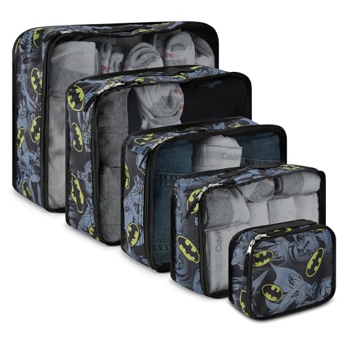 DC Comics Batman Packing Cubes - 5 Piece Travel Essentials Luggage Organizer - Suitcase Bags - Batman, Superman, Joker Cube Set for Kids, Teens Adults