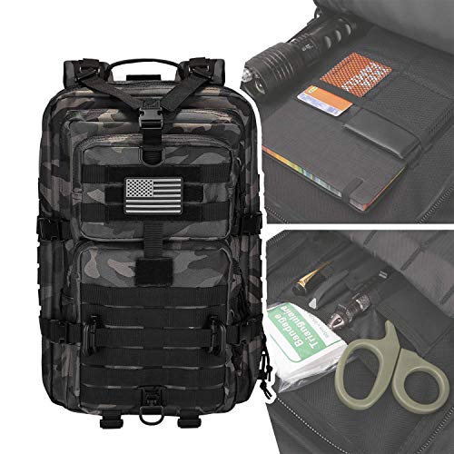 Hannibal Tactical MOLLE Assault Pack, Tactical Backpack Military Army Camping Rucksack, 3-Day Pack Trip w/USA Flag Patch, D-Rings, Black Camo - color: Black Camo
