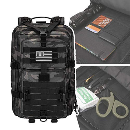 Hannibal Tactical MOLLE Assault Pack, Tactical Backpack Military Army Camping Rucksack, 3-Day Pack Trip w/USA Flag Patch, D-Rings, Black Camo - color: Black Camo