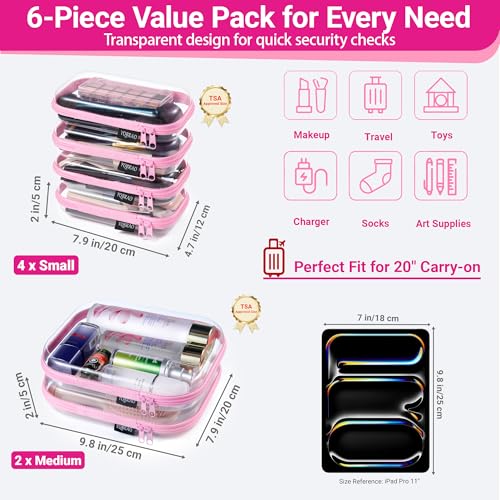 6 Pack Pink Clear Hard Shell Beauty Organizer (2M+4S), 1.2mm Heavy Duty Crush-Proof Cosmetic Case, Reinforced YKK Zippers, Stadium Approved Security Bag for Skincare & Electronics, Multi-Size Set - color: Pink, size: 6 Pack (2M+4S)