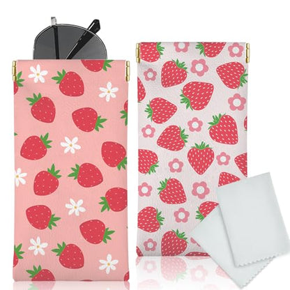 Glasses Case Soft, Eyeglass Cases for Women Portable Squeeze Top PU Leather 2 Pack Glasses Pouch with Cleaning Cloth - color: 2pcs Strawberry Flower