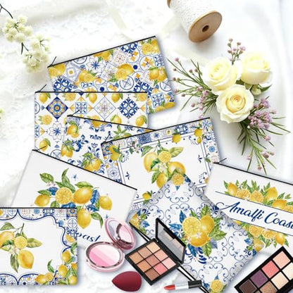 30 Pcs Amalfi Coast Makeup Bags Romantic Lemon Canvas Cosmetic Zipper Pouches with Blue Yellow Makeup Bag Bulk Canvas Cosmetic Travel Toiletry Pouch for Women Bachelorette Birthday Gifts - style: Lemon Porcelain
