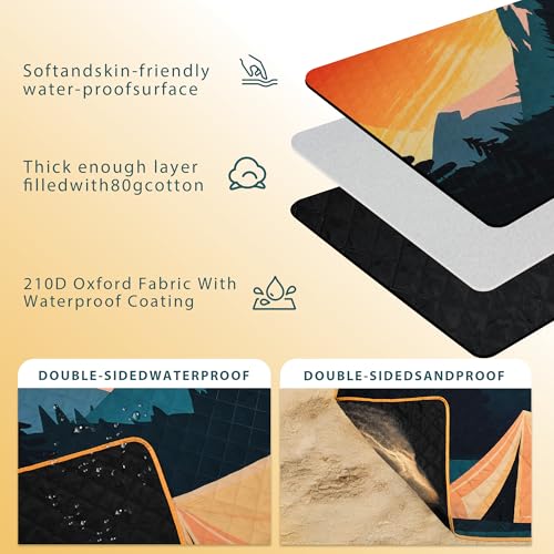 Tirrinia Picnic Blanket Waterproof, 70"x80" Extra Large Outdoor Blanket Waterproof, 3-Layer Foldable Picnic Mat with Sandproof Backing for Beach, Camping, Hiking, Park, Travel - color: Orange Sun